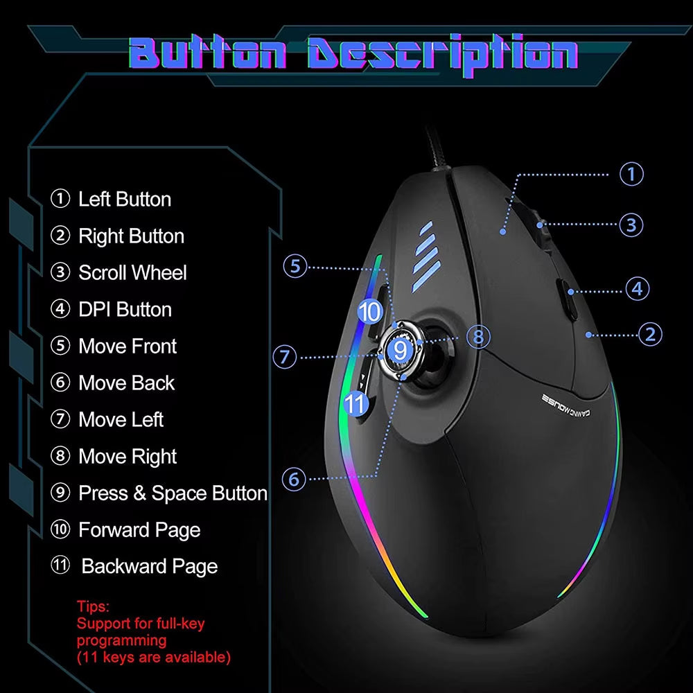 Vertical Gaming Mouse Wired RGB Ergonomic Mouse USB Joystick Programmable Gaming Mice for PC Computer Gamers